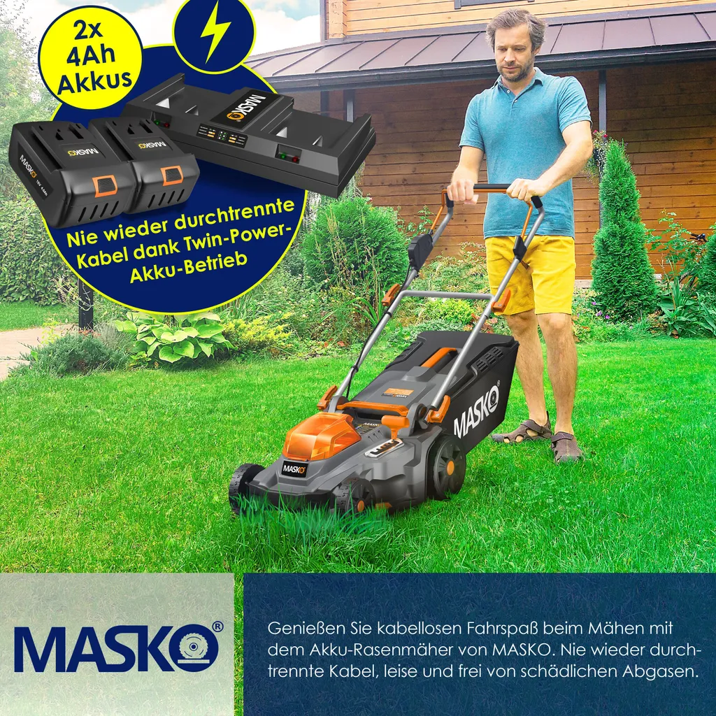 MASKO® Akku Rasenmäher ECO-X10 Inkl. Akkus Li-Ion Batterie 4 Ah & Doppel-Ladegerät – Rasentrimmer Schnittbreite, 25-75mm Schnitthöhenverstellung , Farbe:Schwarz / Orange, Größe:Schnittbreite 37cm 7 MASKO® Akku Rasenmäher ECO-X10 Inkl. Akkus Li-Ion Batterie 4 Ah & Doppel-Ladegerät – Rasentrimmer Schnittbreite, 25-75mm Schnitthöhenverstellung , Farbe:Schwarz / Orange, Größe:Schnittbreite 37cm – Bild 7