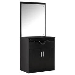 Barberpub Friseur Waschtisch Friseurwaschplatz 3130BK, Mit Waschbecken, Mit Wandspiegel, Mit Unterschrank 80 Cm, Friseur Salon SPA Friseureinrichtung, MFC+PVC, Schwarz, 47,5 X 84 X 169 Cm