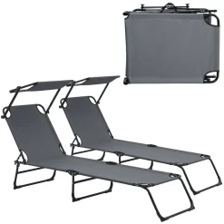 [casa.pro] Sonnenliege [2er Set] Klappbar 190cm Dunkelgrau Mit Dach Relaxliege Stahl