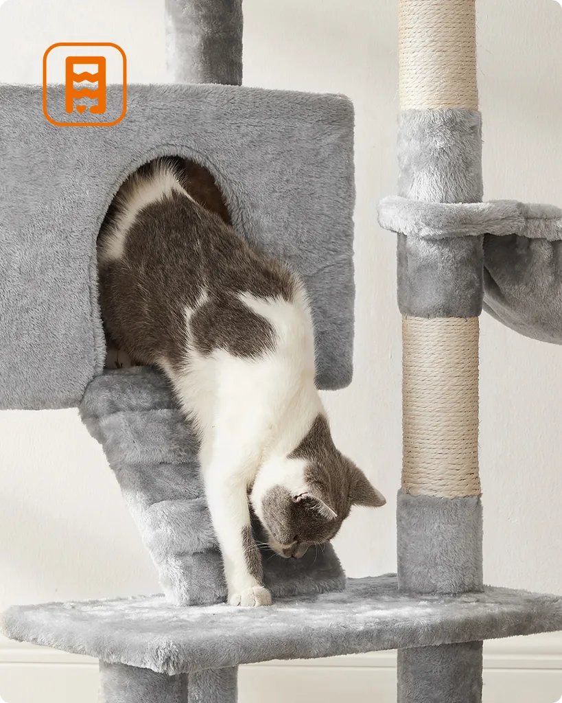 FEANDREA Kratzbaum, 142 Cm, Aussichtsplattformen, Kuschelhöhle, Fellball, Flauschige Liegemulde, Verstärktes Fundament, Kippschutz, Katzenbaum, Hellgrau PCT160W01 4 FEANDREA Kratzbaum, 142 Cm, Aussichtsplattformen, Kuschelhöhle, Fellball, Flauschige Liegemulde, Verstärktes Fundament, Kippschutz, Katzenbaum, Hellgrau PCT160W01 – Bild 4