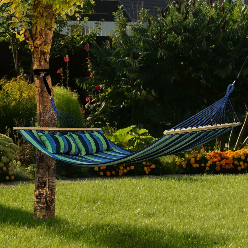 Juskys Hängematte Caracas 230 X 150 Cm In Grün-Blau – Doppelhängematte Aus Baumwolle Für 2 Personen Mit Kissen – Outdoor-Hängematte Bis 300 Kg 6 Juskys Hängematte Caracas 230 X 150 Cm In Grün-Blau – Doppelhängematte Aus Baumwolle Für 2 Personen Mit Kissen – Outdoor-Hängematte Bis 300 Kg – Bild 6