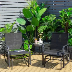 COSTWAY 2-Sitzer Gartenmöbel Set Mit Tisch & Schirmloch, Balkonmöbel Mit Atmungsaktivem Stoff, Sanftes Schaukelfunktion, Gartenbank Sitzgarnitur Für Garten, Terrasse, Balkon (Schwarz)