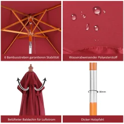 Outsunny Sonnenschirm, Knickbarer Gartenschirm, Strandschirm, 3-stufig Einstellbar, Holz+Polyester, Weinrot, 200 X 150 X 230 Cm 14 Outsunny Sonnenschirm, Knickbarer Gartenschirm, Strandschirm, 3-stufig Einstellbar, Holz+Polyester, Weinrot, 200 X 150 X 230 Cm -Garten- & Gewächshäuser Geschäft 5b59f9fd2344e2b8b157061b3704aaee