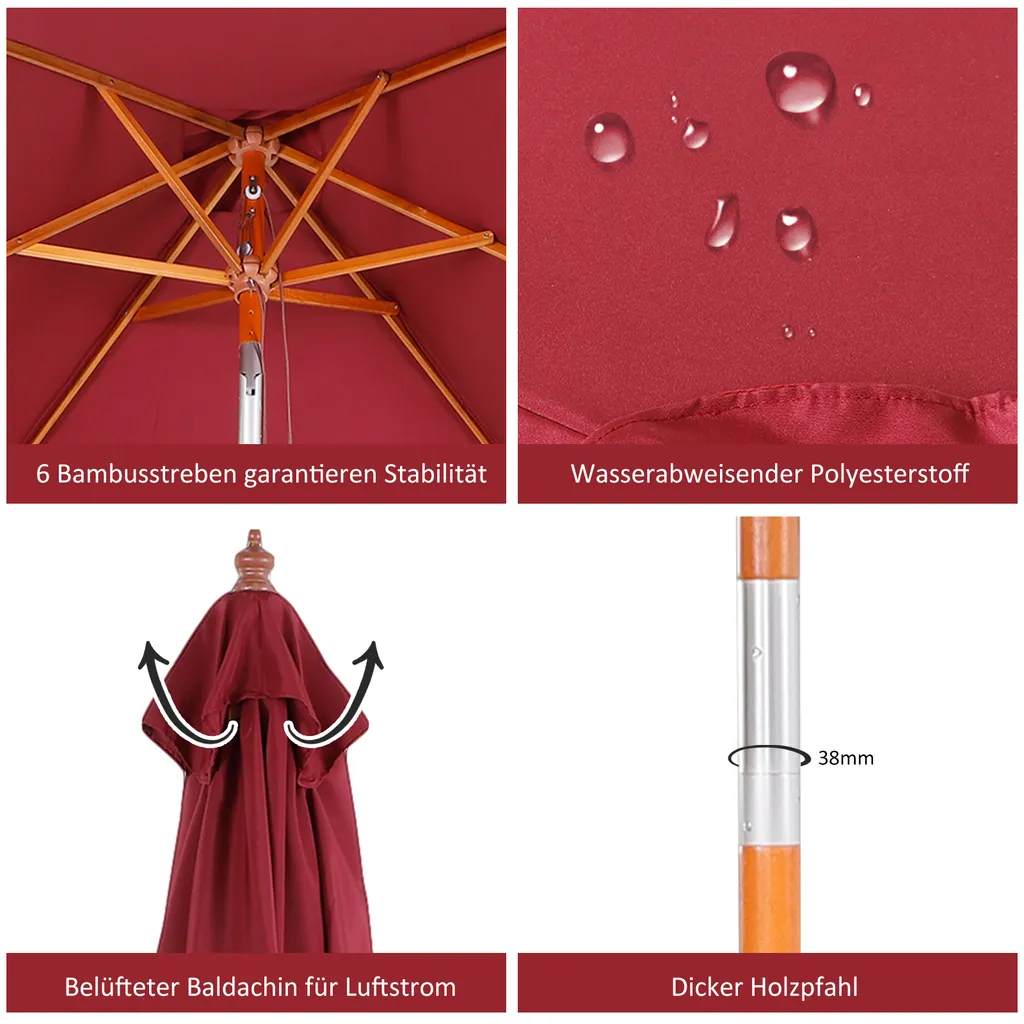 Outsunny Sonnenschirm, Knickbarer Gartenschirm, Strandschirm, 3-stufig Einstellbar, Holz+Polyester, Weinrot, 200 X 150 X 230 Cm 5 Outsunny Sonnenschirm, Knickbarer Gartenschirm, Strandschirm, 3-stufig Einstellbar, Holz+Polyester, Weinrot, 200 X 150 X 230 Cm – Bild 5