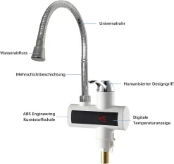 Mmgoqqt Armatur Mit Durchlauferhitzer, 3 KW, Elektrische Küchenarmatur Mit Integrierter Temperaturanzeige, 360° Schwenkbare Armatur