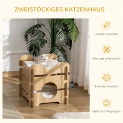 Pawhut Katzenhöhle DIY Katzenbett Mit 2 Weichen Kissen 2 Etagen Katzenshclafplatz Katzenhaus Natur 50 X 50 X 50 Cm