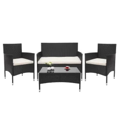 Mendler Poly-Rattan Garnitur HWC-F55, Balkon-/Garten-/Lounge-Set Sofa Sitzgruppe Schwarz, Kissen Creme