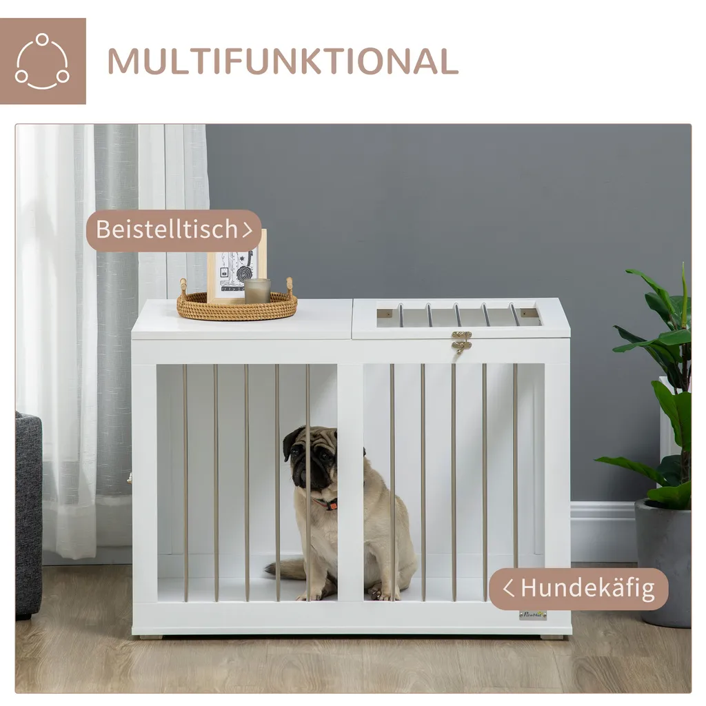 PawHut Hundekäfig, Hundehütte Mit Tischplatte, Haustierkäfig Für Mittelgroße Hunde, Hundebox Mit Türen, Hundehaus, Beistelltisch, Transportkäfig, Weiß, 80 X 50 X 56,5 Cm 4 PawHut Hundekäfig, Hundehütte Mit Tischplatte, Haustierkäfig Für Mittelgroße Hunde, Hundebox Mit Türen, Hundehaus, Beistelltisch, Transportkäfig, Weiß, 80 X 50 X 56,5 Cm – Bild 4