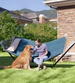 Songmics Hängematte Für 2 Personen, Gepolstert, Outdoor Hängematte Mit Trennbaren Bambusstangen, Camping-Hängematte Mit Kissen, 200 X 140 Cm, Max. 225 Kg Belastbar, Blau-beige -Garten- & Gewächshäuser Geschäft 5c4462d480e66ac3c9cee26ebb6f3ba3