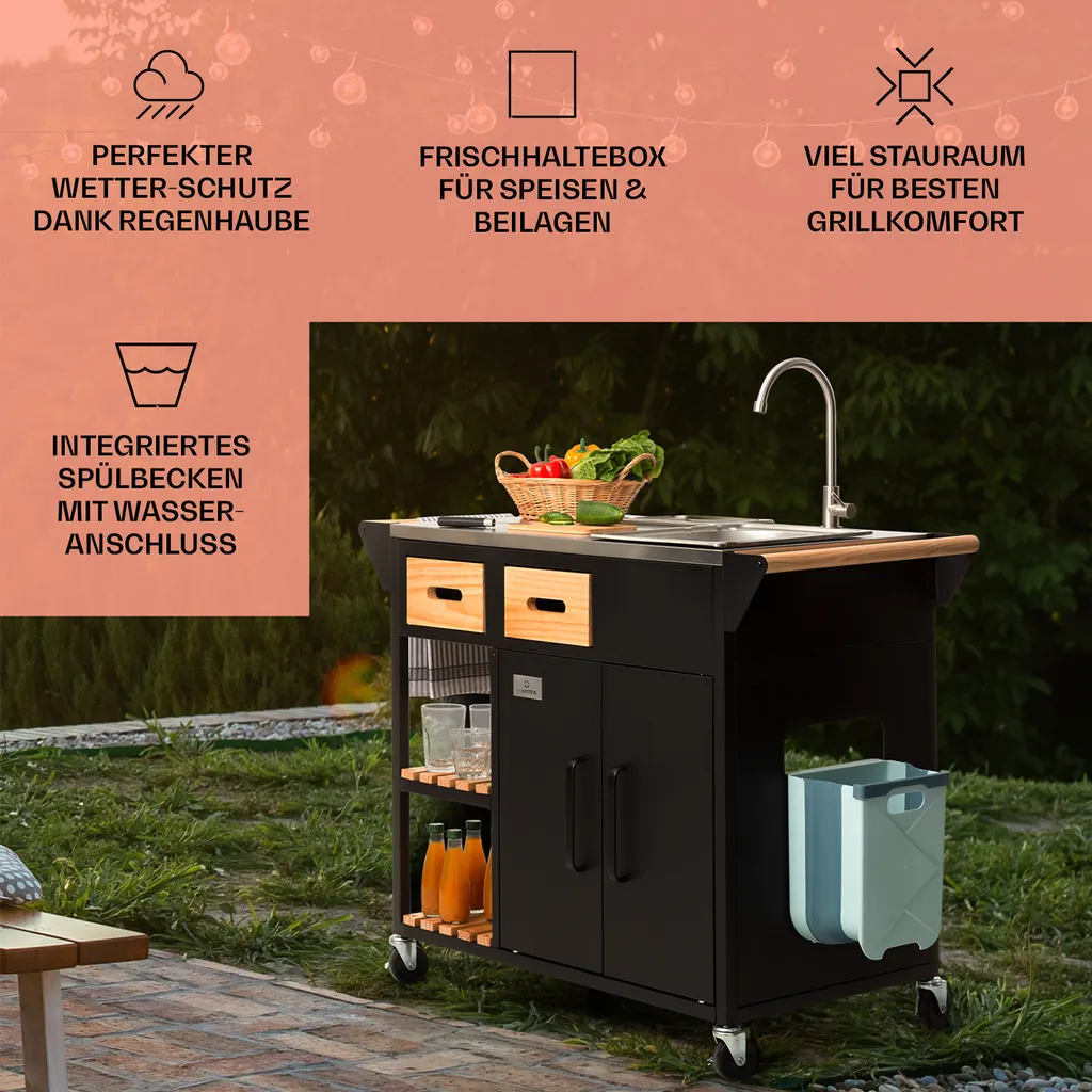 Klarstein Küchenwagen Mit Arbeitsplatte, Outdoor-Küchenwagen Auf Rollen, Mobiler Servierwagen, Küchenwagen Mit Holz Schubladen, Kücheninsel Freistehend Mit Edelstahl-Spülbecken Und Abfalleimer 2 Klarstein Küchenwagen Mit Arbeitsplatte, Outdoor-Küchenwagen Auf Rollen, Mobiler Servierwagen, Küchenwagen Mit Holz Schubladen, Kücheninsel Freistehend Mit Edelstahl-Spülbecken Und Abfalleimer – Bild 2
