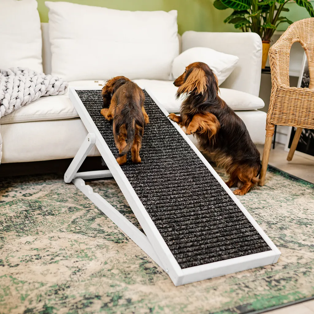 HOLTAZ Hunderampe Haustierrampe Für Bett Oder Sofa Klappbar Verstellbarer Aus Holz Mit Anti-rutsch Einsatz Für Katzen Oder Hunde Weiß 8 HOLTAZ Hunderampe Haustierrampe Für Bett Oder Sofa Klappbar Verstellbarer Aus Holz Mit Anti-rutsch Einsatz Für Katzen Oder Hunde Weiß – Bild 8