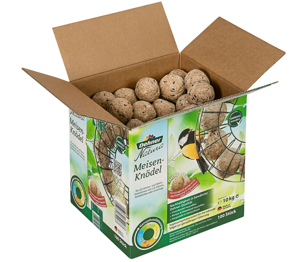 Dehner Natura Wildvogelfutter, Große Meisenknödel, Ohne Netz, 100 Stück Je 100 Gramm (10 Kg) 1 Dehner Natura Wildvogelfutter, Große Meisenknödel, Ohne Netz, 100 Stück Je 100 Gramm (10 Kg)