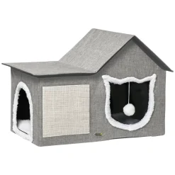PawHut Katzenhöhle, Katzenhaus Mit Kratzfläche, Katzenhütte Mit Doppeltüren, Kuschelhöhle Mit Kissen, Katzenbett Mit Spielball, Polyester, Grau, 65 X 41 X 45,5 Cm