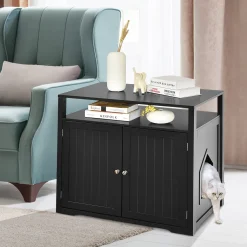 COSTWAY Katzenhaus Katzenklo Schrank, Katzenhöhle mit Eingang,Bettund Ablage, Katzentoilette Haustierbox Haustierkiste Holz, Katzenschrank Für Katzen Hunde Haustier 80x54x71cm (Schwarz)