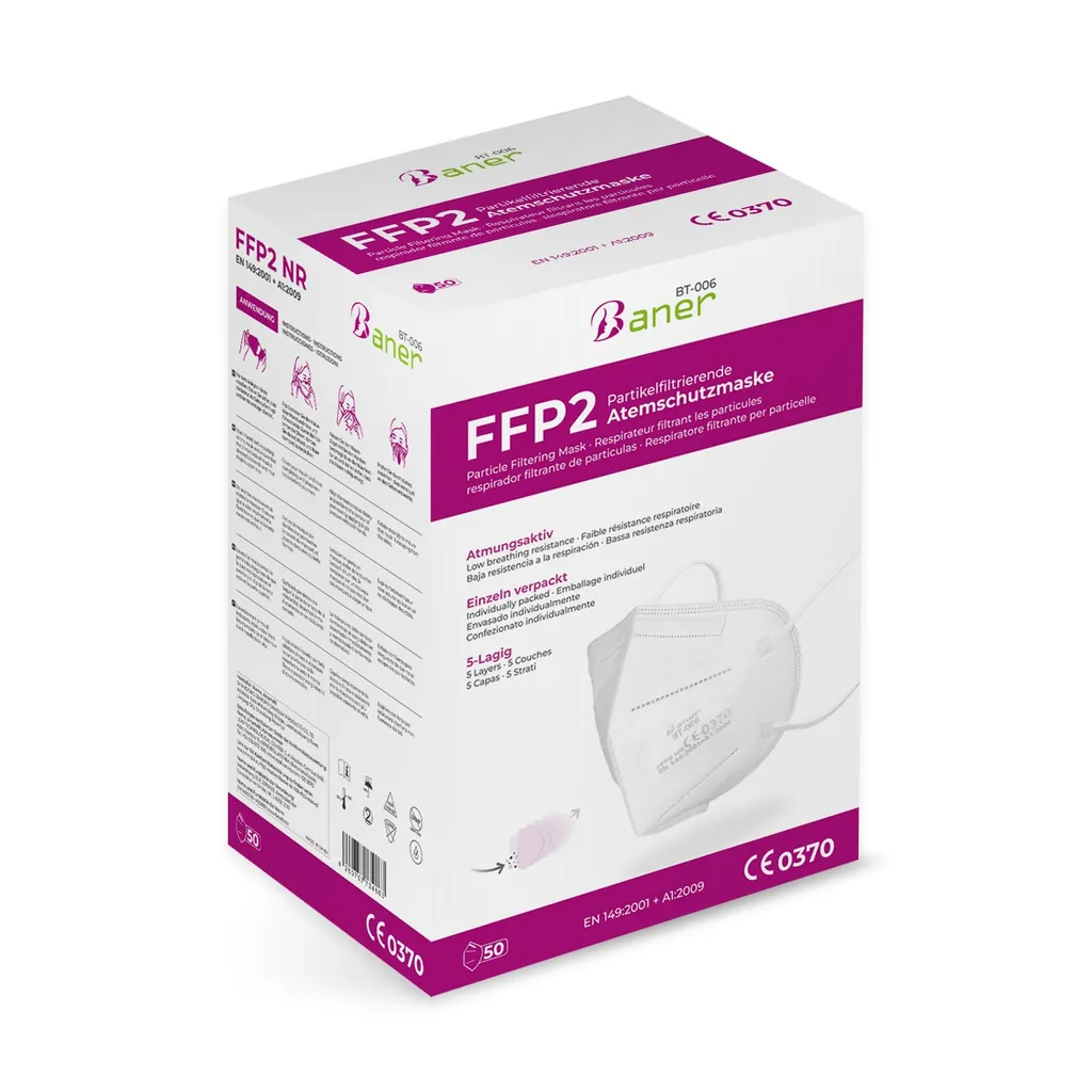 Shandong Jiangpo Sanitary Products Co. 100 Stück - Hochwertige FFP2 Maske, Baner BT-006 Atemschutzmaske, CE0370, EN149:2001+A1:2009 FFP2 NR 1 Shandong Jiangpo Sanitary Products Co. 100 Stück - Hochwertige FFP2 Maske, Baner BT-006 Atemschutzmaske, CE0370, EN149:2001+A1:2009 FFP2 NR