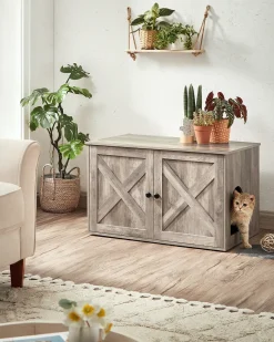 FEANDREA Katzenklo Schrank, Katzenhaus Mit Herausnehmbarem Trennwand, Indoor-Katzenhaus, Tisch, 80 X 53 X 49,2 Cm, Greige PCL002G01