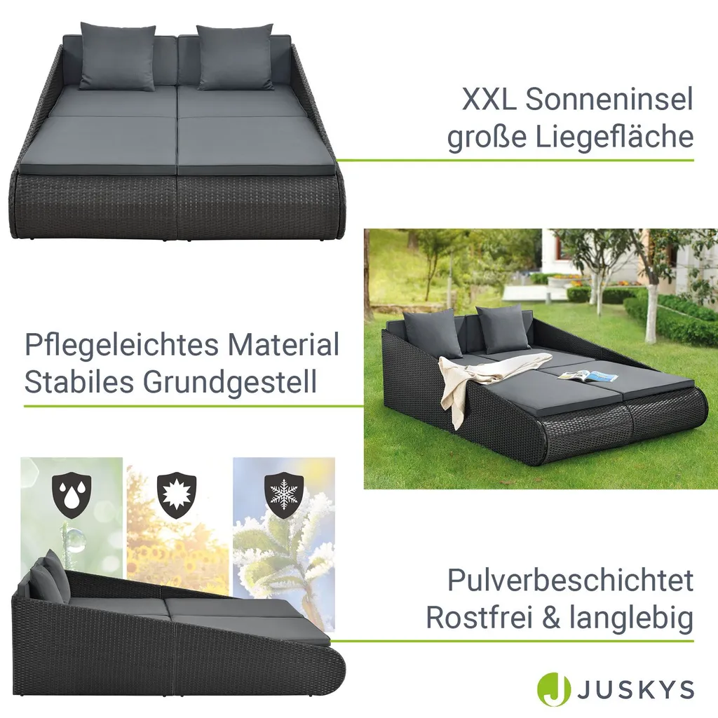 Juskys Polyrattan Sonnenliege Mykonos – XXL Outdoor Doppelliege Mit Polster Kissen In Grau Waschbar – Für Garten & Balkon – Gartenliege Sonneninsel 4 Juskys Polyrattan Sonnenliege Mykonos – XXL Outdoor Doppelliege Mit Polster Kissen In Grau Waschbar – Für Garten & Balkon – Gartenliege Sonneninsel – Bild 4