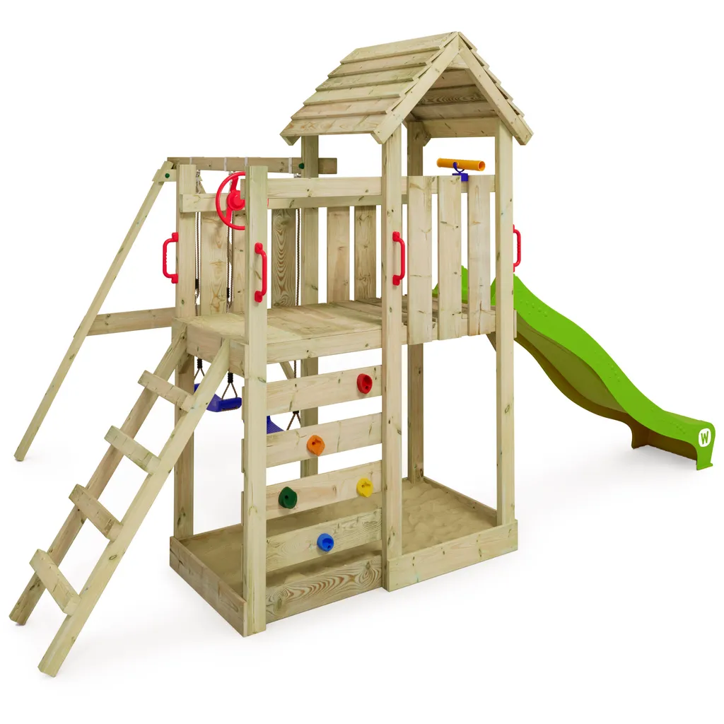 WICKEY Spielturm Klettergerüst MultiFlyer Holzdach Mit Schaukel & Rutsche, Kletterturm Mit Holzdach, Sandkasten, Leiter & Spiel-Zubehör - Apfelgrün 2 WICKEY Spielturm Klettergerüst MultiFlyer Holzdach Mit Schaukel & Rutsche, Kletterturm Mit Holzdach, Sandkasten, Leiter & Spiel-Zubehör - Apfelgrün – Bild 2