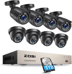 ZOSI 8CH 2MP Überwachungskamera Set Aussen Und Innen, 4X 1080P Dome Kamera + 4X Bullet Kamera Überwachungssystem 1TB HDD DVR, IP66 Wasserdicht