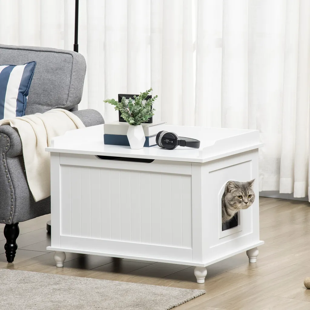 PawHut Katzenschrank Für Katzentoilette Katzenklo Katzenhaus Mit Klappdeckel Trennwand Katzenhöhle Katzenkommode Beistelltisch Erhöhtes Design MDF Spanplatte Weiß 74 X 52 X 55 Cm 2 PawHut Katzenschrank Für Katzentoilette Katzenklo Katzenhaus Mit Klappdeckel Trennwand Katzenhöhle Katzenkommode Beistelltisch Erhöhtes Design MDF Spanplatte Weiß 74 X 52 X 55 Cm – Bild 2