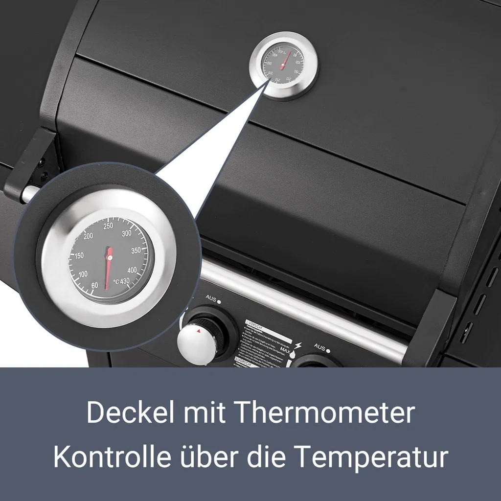 Juskys BBQ Gasgrill Louisiana 8,1 KW Mit 3 Brenner, Grillrost, Deckel Mit Thermometer, Warmhalterost & Seitenablagen – Grillwagen Mit Stahl Korpus 7 Juskys BBQ Gasgrill Louisiana 8,1 KW Mit 3 Brenner, Grillrost, Deckel Mit Thermometer, Warmhalterost & Seitenablagen – Grillwagen Mit Stahl Korpus – Bild 7