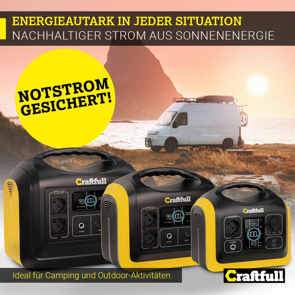 Craftfull Powerstation Adventure CP-600 Schwarz/Gelb, 595 Wh, 600 Watt, Tragbar, Lithium-Akku, Steckdose, USB 8 Craftfull Powerstation Adventure CP-600 Schwarz/Gelb, 595 Wh, 600 Watt, Tragbar, Lithium-Akku, Steckdose, USB – Bild 8