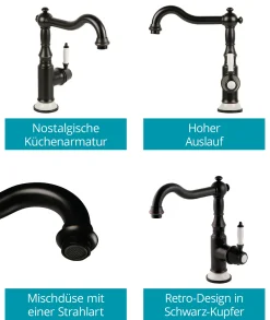 Calmwaters® Spültischarmatur Im Vintage-Look, Küchenarmatur Mit Keramikkartusche, Retro-Wasserhahn Küche, 360° Drehbar, Einhebelmischer Spüle, Weiße Keramik-Details, Messing, Schwarz, 12PZ5606 -Garten- & Gewächshäuser Geschäft 61b7b62fe11eb6e584cb81ad8314680c