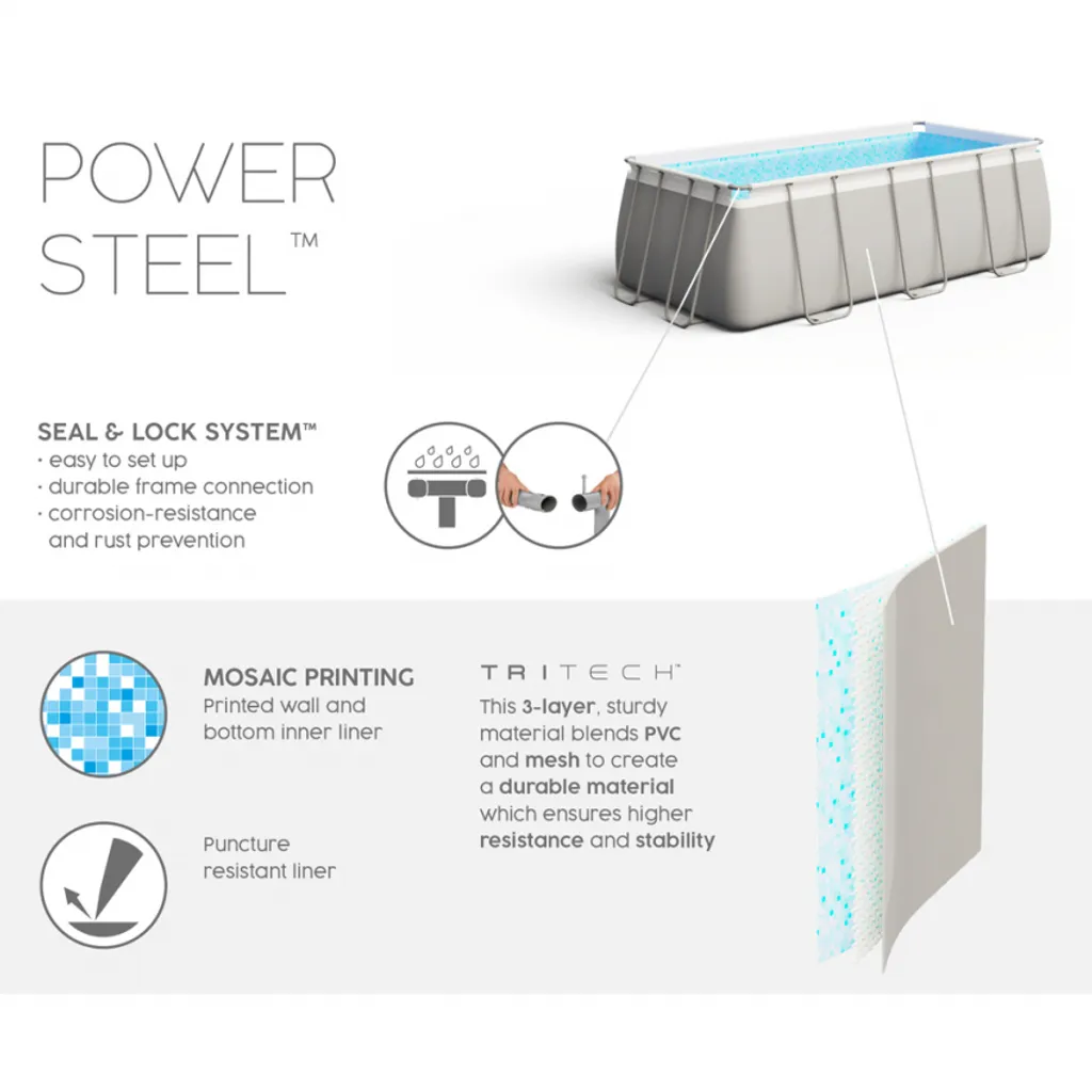 Bestway 56456 Oberirdischer Rechteckiger Pool Power Steel 412x201x122cmHöhe (cm): 122, Breite (cm): 201, Länge (cm): 412, Gestalten: Rechteckig, Maße: 4 - 4,99 M, Filterpumpe: 58383 18 Bestway 56456 Oberirdischer Rechteckiger Pool Power Steel 412x201x122cmHöhe (cm): 122, Breite (cm): 201, Länge (cm): 412, Gestalten: Rechteckig, Maße: 4 - 4,99 M, Filterpumpe: 58383 – Bild 18