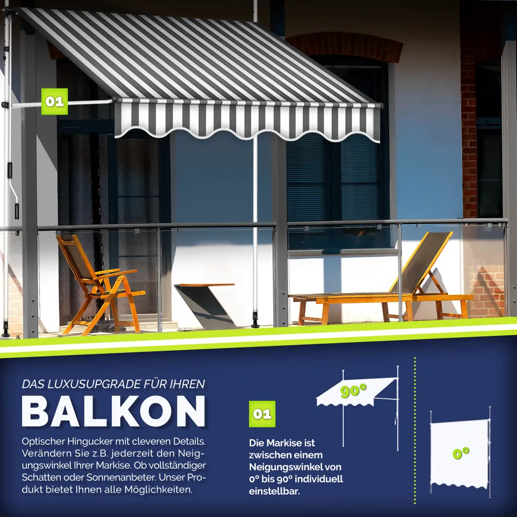 Tillvex Balkonmarkise 150 Cm Grau/Weiß Gelenkarm Markise Klemmmarkise Sonnenmarkise Balkon Ohne Bohren 3 Tillvex Balkonmarkise 150 Cm Grau/Weiß Gelenkarm Markise Klemmmarkise Sonnenmarkise Balkon Ohne Bohren – Bild 3