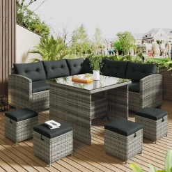Merax Gartenlounge-Set Polyrattan Lounge Für 9 Personen, 5er Ecksofa, 1xTisch Mit Glas, 4x Hocker Mit Kissen, Gartenmöbel Set Balkonset, Grau