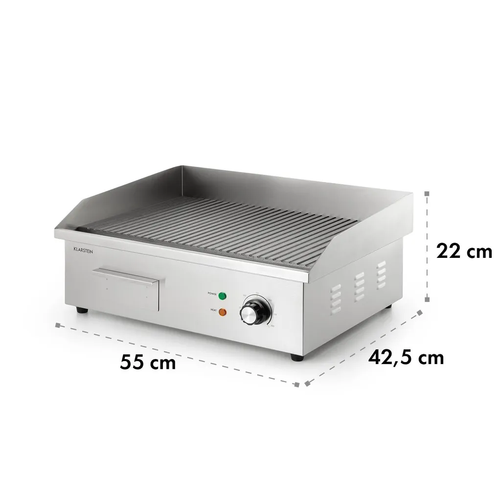 Klarstein Grillmeile 3000R Pro Gusseisen Grillplatte Elektrisch, Grillfläche: 54,5 X 35 Cm (geriffelt), Stufenlos 50-300 °C, 3000 Watt, Profi Elektrogrill Mit Spritzschutz, Edelstahl 9 Klarstein Grillmeile 3000R Pro Gusseisen Grillplatte Elektrisch, Grillfläche: 54,5 X 35 Cm (geriffelt), Stufenlos 50-300 °C, 3000 Watt, Profi Elektrogrill Mit Spritzschutz, Edelstahl – Bild 9