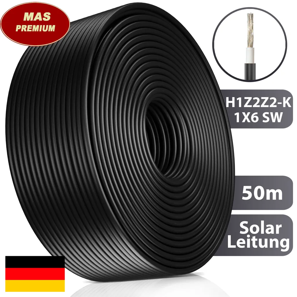MAS-Premium 50m Solarleitung Solarkabel H1Z2Z2-K 6 Mm² Schwarz Photovoltaik Halogenfrei 2 MAS-Premium 50m Solarleitung Solarkabel H1Z2Z2-K 6 Mm² Schwarz Photovoltaik Halogenfrei – Bild 2