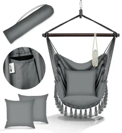 Tillvex Hängesessel Grau 2 Kissen Zum Aufhängen | Hängestuhl Mit Getränkehalter & Bücherfach | Hängesitz Wetterfest - Indoor & Outdoor | Hängekorb Mit Tragetasche Für Erwachsene & Kinder