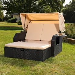 Mucola Sonnenbett Strandkorb Sonnenliege Rattan Bett Inkl. Dach Rattan - Schwarz Rattan Dach Rattan Strandkorb Liegebett Relaxliege