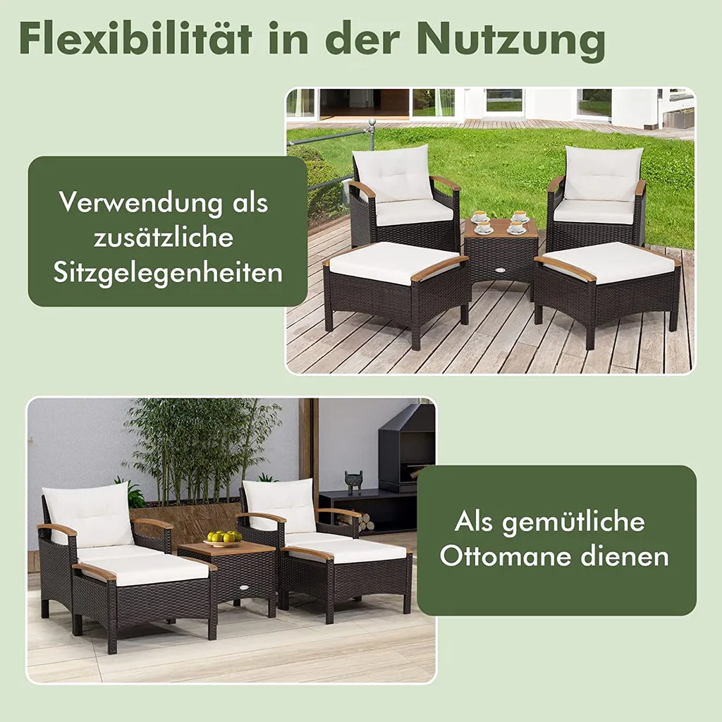 COSTWAY 5tlg. Rattan Möbelset 2 Gartensessel Mit Fußstütze & Beistelltisch Akazienholzplatte & Kissen, Gartenliege Rattanliege Für Garten, Pool, Hinterhof 2 COSTWAY 5tlg. Rattan Möbelset 2 Gartensessel Mit Fußstütze & Beistelltisch Akazienholzplatte & Kissen, Gartenliege Rattanliege Für Garten, Pool, Hinterhof – Bild 2
