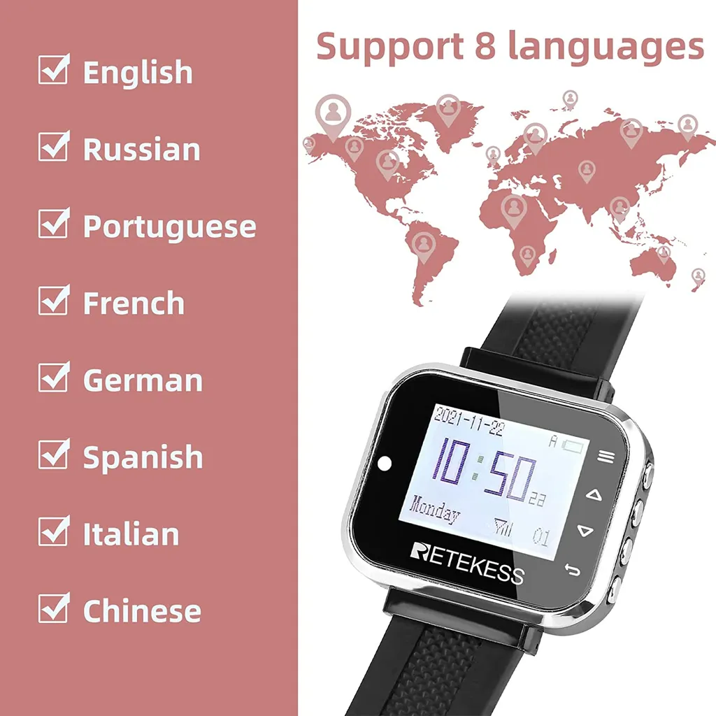 Retekess TD110 Restaurant Pagers, Uhrenempfänger, 8 Sprachen, 300 MAh Eingebauter Akku, 72 Stunden Standby-Zeit, Für Restaurant, Bar 2 Retekess TD110 Restaurant Pagers, Uhrenempfänger, 8 Sprachen, 300 MAh Eingebauter Akku, 72 Stunden Standby-Zeit, Für Restaurant, Bar – Bild 2