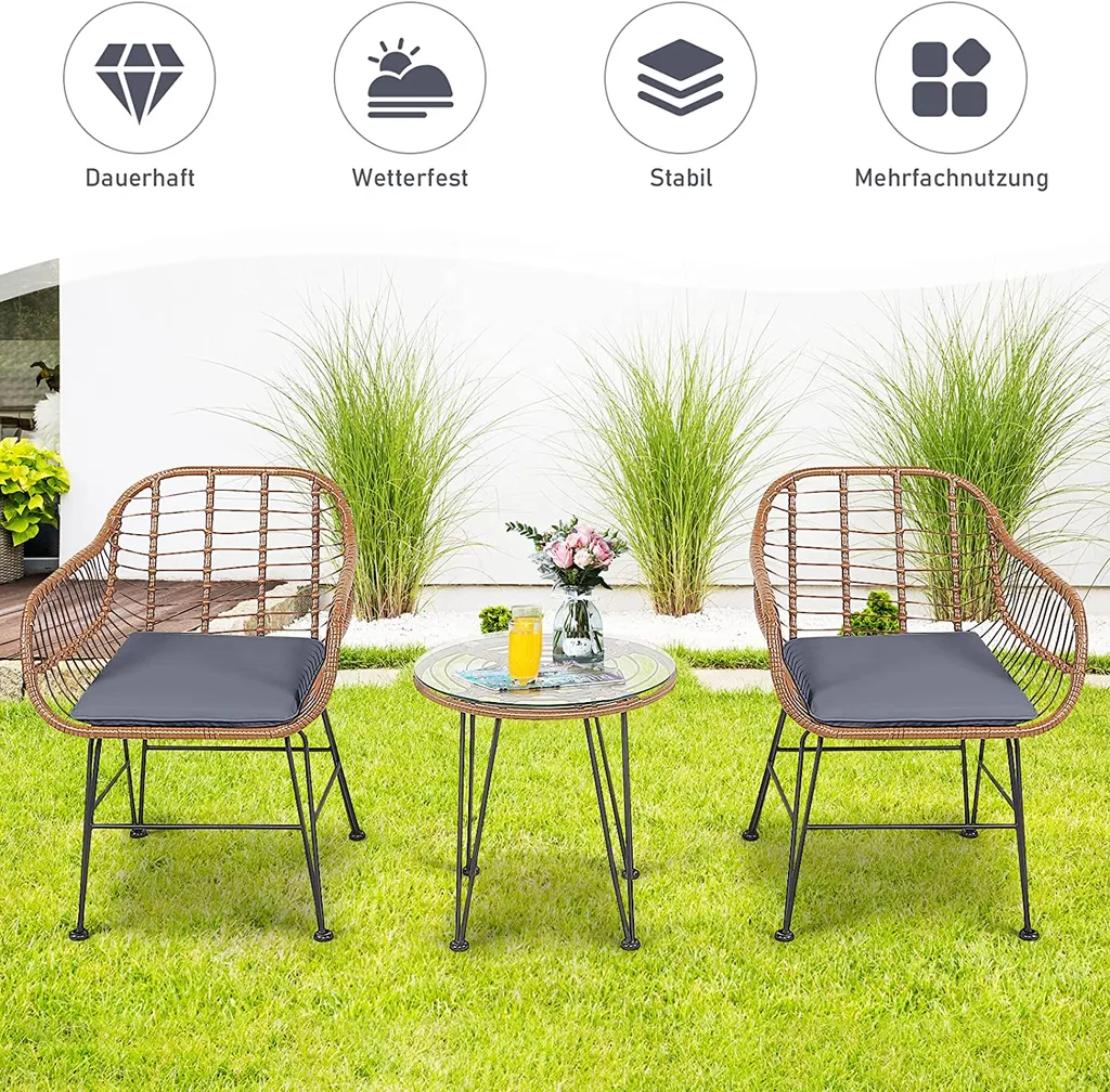 COSTWAY 3tlg. Balkonset Aus Rattan, Sitzgruppe 2 Rattanstühle Bis 180kg Belastbar, Hartglas Beistelltisch, Sitzkissen, Gartensofa, Sitzgruppe 5 COSTWAY 3tlg. Balkonset Aus Rattan, Sitzgruppe 2 Rattanstühle Bis 180kg Belastbar, Hartglas Beistelltisch, Sitzkissen, Gartensofa, Sitzgruppe – Bild 5