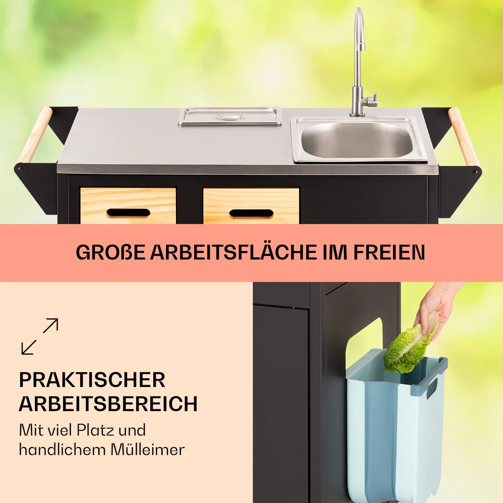 Klarstein Küchenwagen Mit Arbeitsplatte, Outdoor-Küchenwagen Auf Rollen, Mobiler Servierwagen, Küchenwagen Mit Holz Schubladen, Kücheninsel Freistehend Mit Edelstahl-Spülbecken Und Abfalleimer 3 Klarstein Küchenwagen Mit Arbeitsplatte, Outdoor-Küchenwagen Auf Rollen, Mobiler Servierwagen, Küchenwagen Mit Holz Schubladen, Kücheninsel Freistehend Mit Edelstahl-Spülbecken Und Abfalleimer – Bild 3