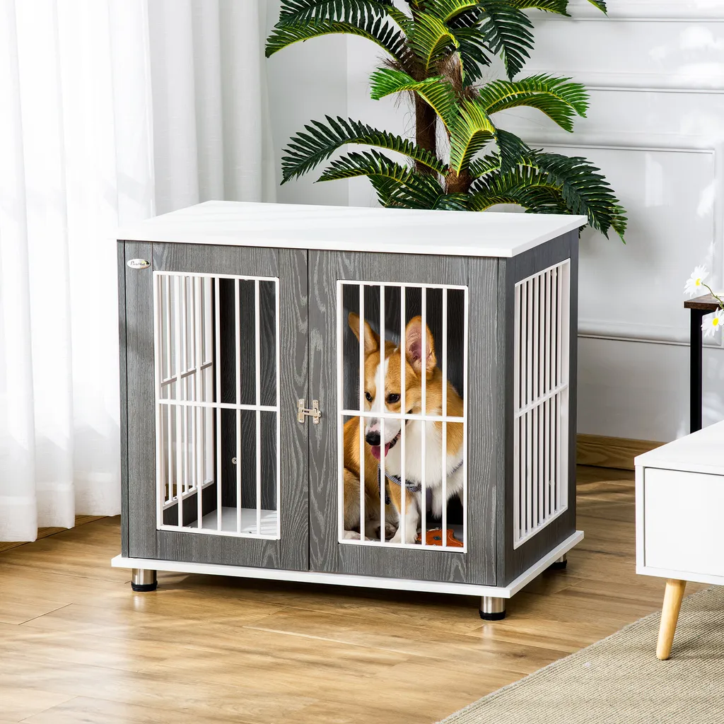 PawHut Hundekäfig Aus Holz Mit Tischoberfläche Schrank Kissen Erhöhtes Design Hundebox Hundehütte Hundekisten Für Mittelgroße Kleine Hunde Beistelltisch Design Innen Grau+Weiß 85 X 55 X 75 Cm 2 PawHut Hundekäfig Aus Holz Mit Tischoberfläche Schrank Kissen Erhöhtes Design Hundebox Hundehütte Hundekisten Für Mittelgroße Kleine Hunde Beistelltisch Design Innen Grau+Weiß 85 X 55 X 75 Cm – Bild 2