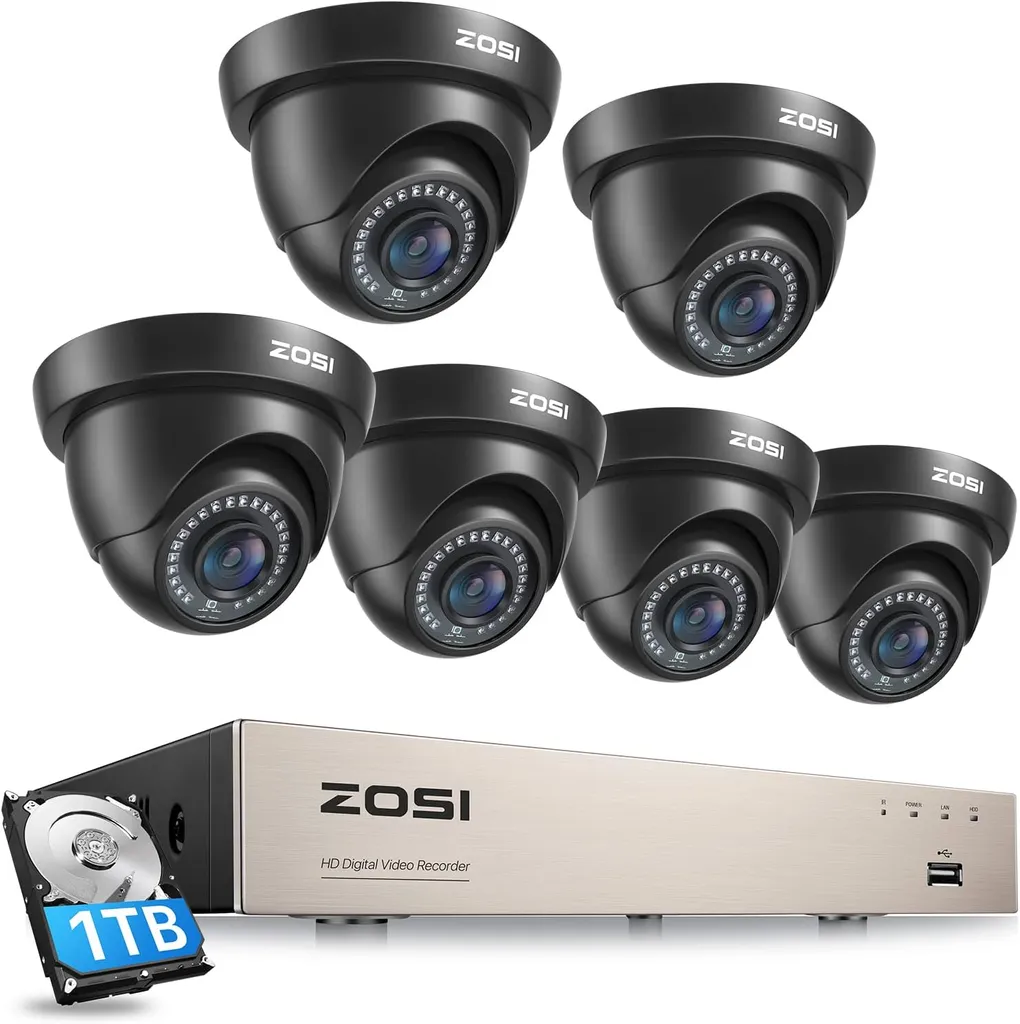 ZOSI 1080P Aussen Überwachungskamera Set, 8CH 1TB HDD DVR Und 6X 2MP Dome Kamera, IP66 Wasserdicht, 24M IR Nachtsicht 1 ZOSI 1080P Aussen Überwachungskamera Set, 8CH 1TB HDD DVR Und 6X 2MP Dome Kamera, IP66 Wasserdicht, 24M IR Nachtsicht