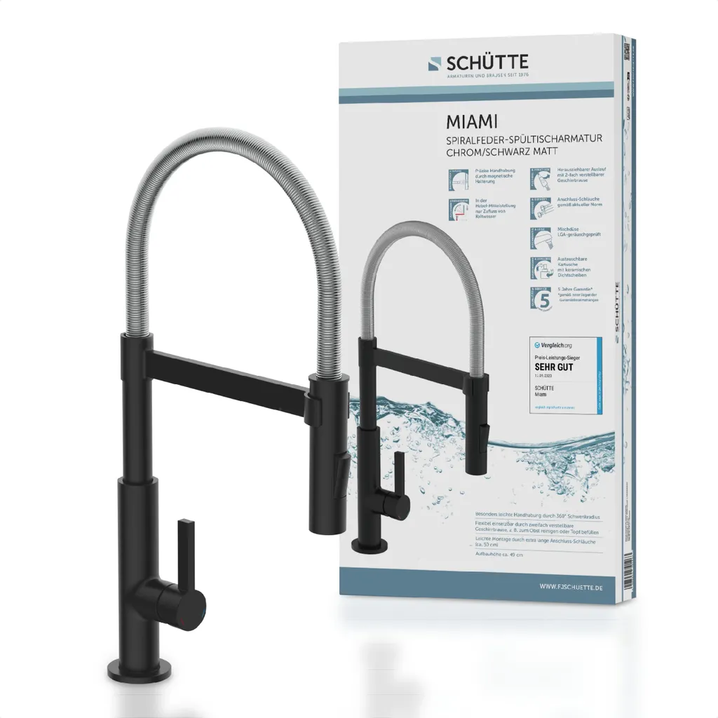 Schütte SCHÜTTE Küchenarmatur MIAMI, Spiralfederarmatur Mit Geschirrbrause, Wasserhahn Ausziehbar, Wasserhahn Mischbatterie Chrom/Schwarz Matt 2 Schütte SCHÜTTE Küchenarmatur MIAMI, Spiralfederarmatur Mit Geschirrbrause, Wasserhahn Ausziehbar, Wasserhahn Mischbatterie Chrom/Schwarz Matt – Bild 2