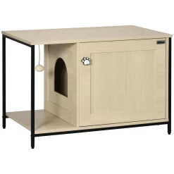 PawHut Katzenschrank Für Katzentoilette, Katzenhaus Mit Magnetischer Tür, Katzenklo, Katzenhöhle Mit Spielball, Beistelltisch, Erhöhtes Design, Eiche, 80 X 48 X 55 Cm