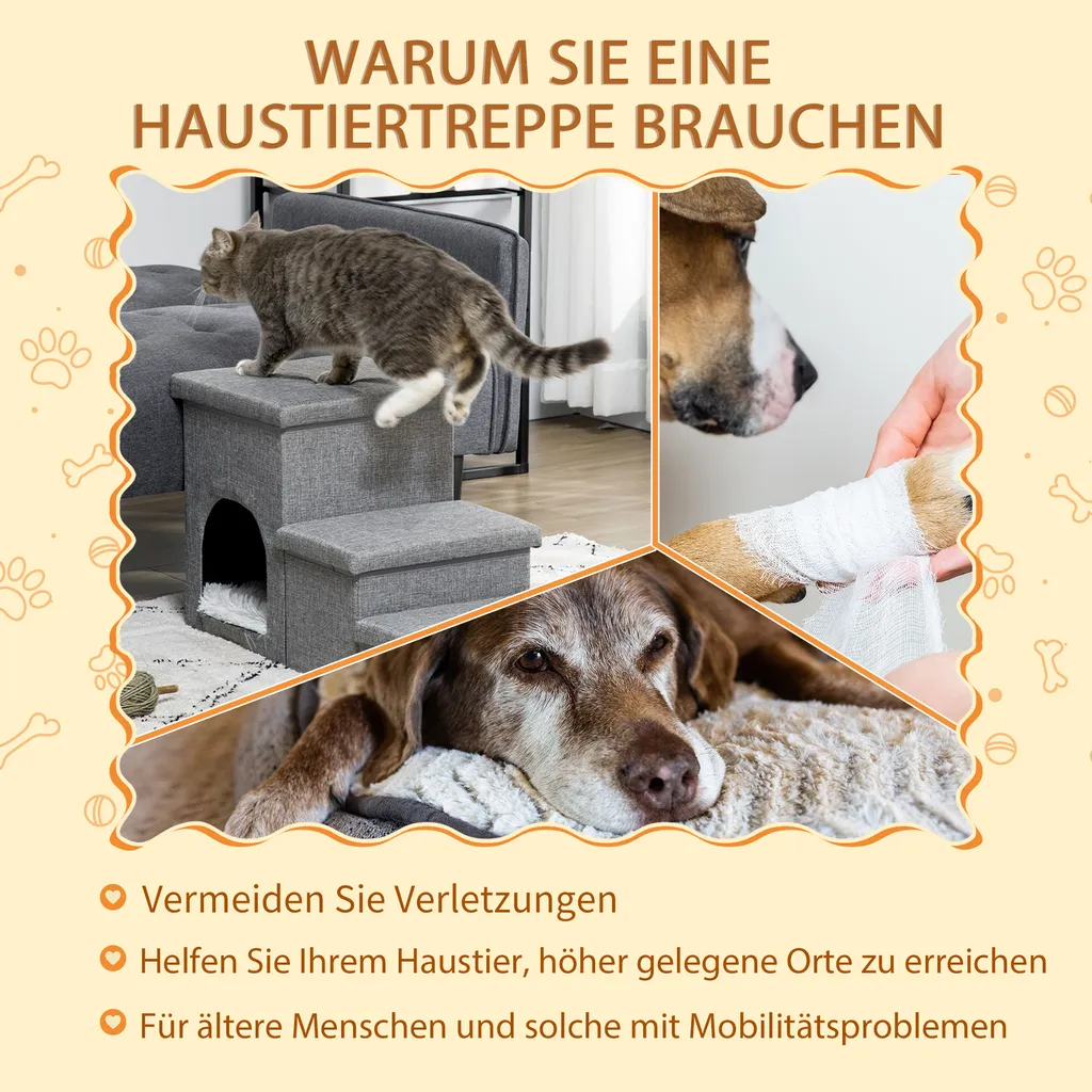 PawHut Hundetreppe, 3 Stufige Katzentreppe Mit Höhle, Haustiertreppe Mit Stauraum, Kissen, 3-in-1 Haustierrampe, Bis 10 Kg Belastbar, Für Sofa, Bett, Leinen, Hellgrau 4 PawHut Hundetreppe, 3 Stufige Katzentreppe Mit Höhle, Haustiertreppe Mit Stauraum, Kissen, 3-in-1 Haustierrampe, Bis 10 Kg Belastbar, Für Sofa, Bett, Leinen, Hellgrau – Bild 4