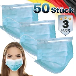 ECD Germany 50 Stück Mundschutz Maske Einweg Gesichtsmaske Für Erwacösene Blau 3-lagig Schutz Atmungsaktive Mundschutzmaske Mit Ohrschlaufen Und Nösenbügel Mund-Nösen-Schutz Schutzmaske Einwegmaske