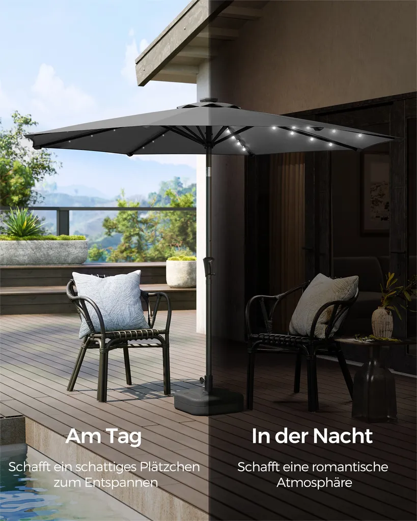 SONGMICS Sonnenschirm 300 Cm Mit LED-Solar-Beleuchtung, 32 LED-Lämpchen, UV-Schutz UPF 50+, Beidseitig Um 30° Knickbar, Ohne Ständer, Grau GPU33GY 3 SONGMICS Sonnenschirm 300 Cm Mit LED-Solar-Beleuchtung, 32 LED-Lämpchen, UV-Schutz UPF 50+, Beidseitig Um 30° Knickbar, Ohne Ständer, Grau GPU33GY – Bild 3