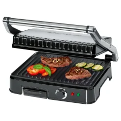 Clatronic KG 3487 Kontaktgrill Für Beidseitiges, Fettfreies Grillen, Antihaftbeschichtete Grillplatten, Edelstahlgehäuse, Silber