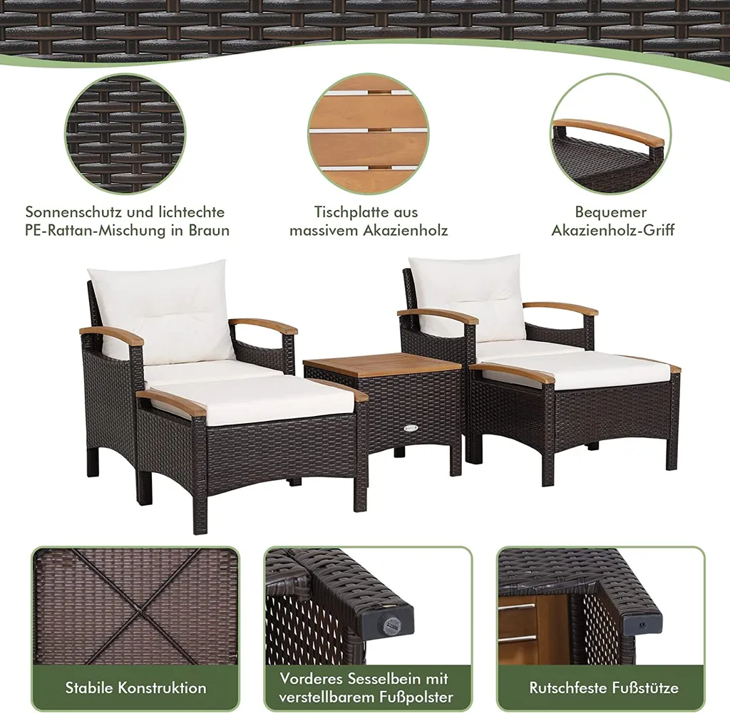 COSTWAY 5tlg. Rattan Möbelset 2 Gartensessel Mit Fußstütze & Beistelltisch Akazienholzplatte & Kissen, Gartenliege Rattanliege Für Garten, Pool, Hinterhof 3 COSTWAY 5tlg. Rattan Möbelset 2 Gartensessel Mit Fußstütze & Beistelltisch Akazienholzplatte & Kissen, Gartenliege Rattanliege Für Garten, Pool, Hinterhof – Bild 3
