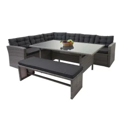 Mendler Poly-Rattan-Garnitur MCW-A29, Gartengarnitur Sitzgruppe Lounge-Esstisch-Set Sofa Grau, Kissen Grau + Bank