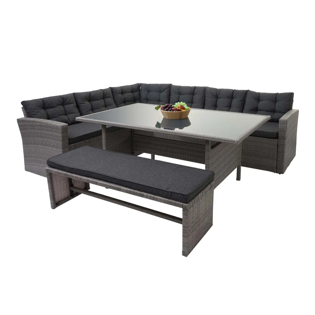 Mendler Poly-Rattan-Garnitur MCW-A29, Gartengarnitur Sitzgruppe Lounge-Esstisch-Set Sofa Grau, Kissen Grau + Bank 1 Mendler Poly-Rattan-Garnitur MCW-A29, Gartengarnitur Sitzgruppe Lounge-Esstisch-Set Sofa Grau, Kissen Grau + Bank
