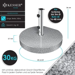KESSER® Granit Sonnenschirmständer Mit Edelstahlrohr, Hochwertiger Schirmständer Sockel 25KG - Für Schirmstöcke Bis 16-48 Mm, Inkl. Transport Griff Garten Balkonschirmständer, Farbe:Grau, Größe:Rund -Garten- & Gewächshäuser Geschäft 6b997a784ecb553e6c1244c8ccf2b0dd
